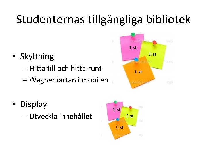 Studenternas tillgängliga bibliotek 1 st • Skyltning 0 st – Hitta till och hitta