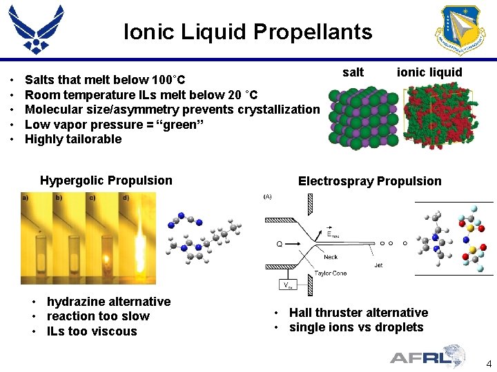 Ionic Liquid Propellants • • • Salts that melt below 100˚C Room temperature ILs