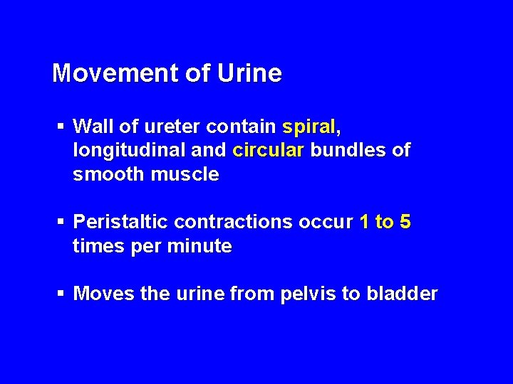 Movement of Urine § Wall of ureter contain spiral, longitudinal and circular bundles of