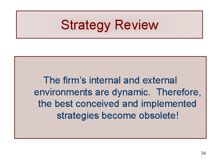 Strategy Review The firm’s internal and external environments are dynamic. Therefore, the best conceived