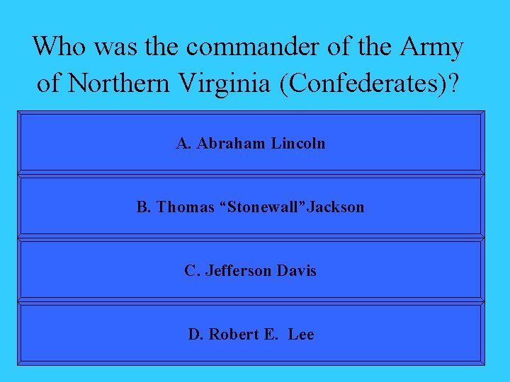 Who was the commander of the Army of Northern Virginia (Confederates)? A. Abraham Lincoln