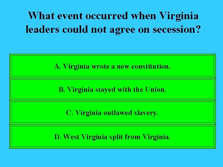 What event occurred when Virginia leaders could not agree on secession? A. Virginia wrote