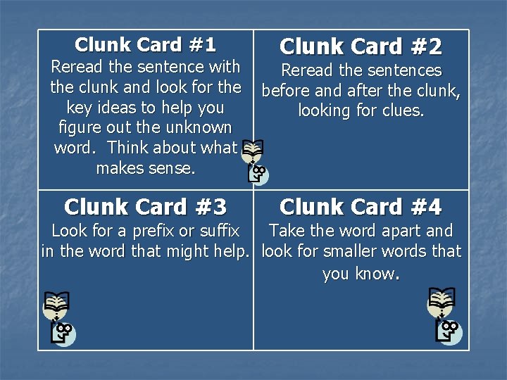 Clunk Card #1 Clunk Card #2 Reread the sentence with the clunk and look