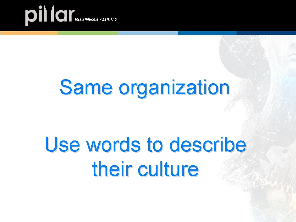 BUSINESS AGILITY Same organization Use words to describe their culture 