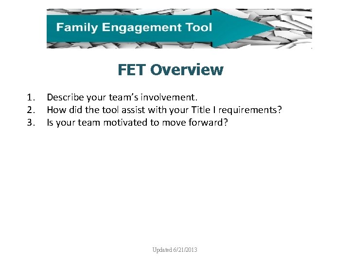 FET Overview 1. 2. 3. Describe your team’s involvement. How did the tool assist