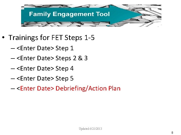  • Trainings for FET Steps 1 -5 – <Enter Date> Step 1 –