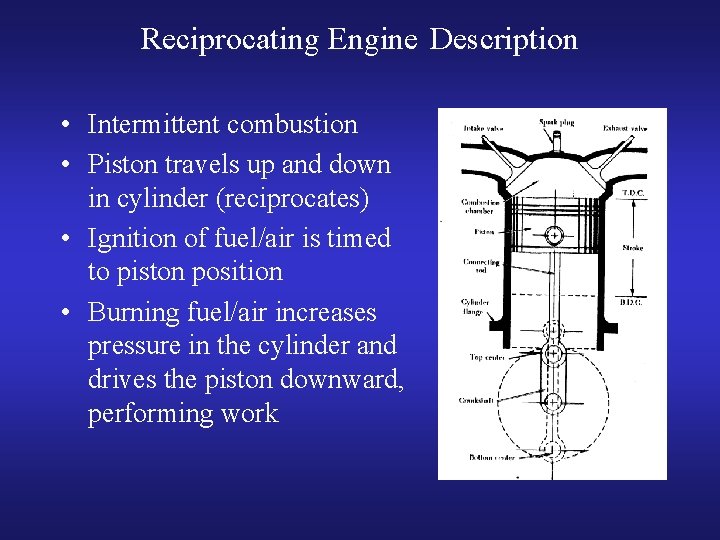 Reciprocating Engine Description • Intermittent combustion • Piston travels up and down in cylinder