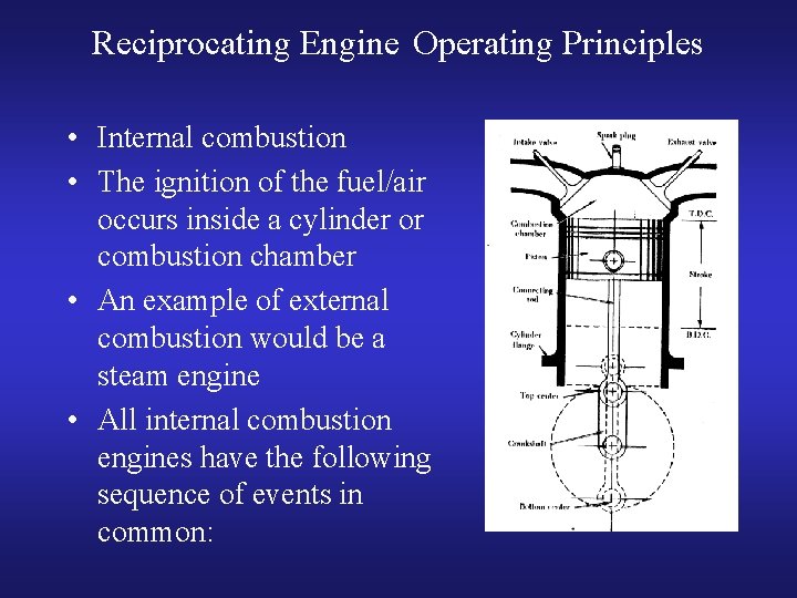 Reciprocating Engine Operating Principles • Internal combustion • The ignition of the fuel/air occurs
