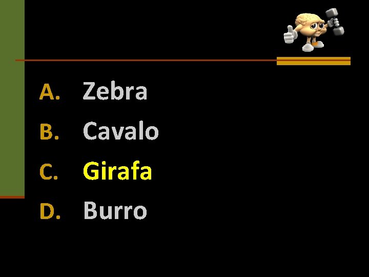 A. Zebra B. Cavalo C. Girafa D. Burro 