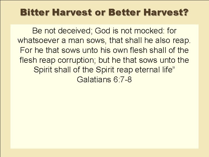 Bitter Harvest or Better Harvest? Be not deceived; God is not mocked: for whatsoever