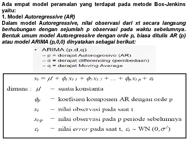 Ada empat model peramalan yang terdapat pada metode Box-Jenkins yaitu: 1. Model Autoregressive (AR)