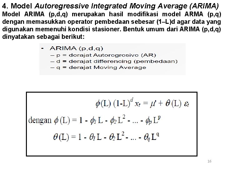 4. Model Autoregressive Integrated Moving Average (ARIMA) Model ARIMA (p, d, q) merupakan hasil