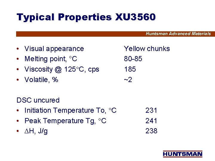 Typical Properties XU 3560 Huntsman Advanced Materials • • Visual appearance Melting point, °C