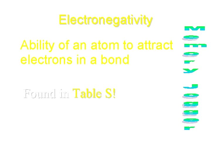 Electronegativity • Ability of an atom to attract electrons in a bond Found in