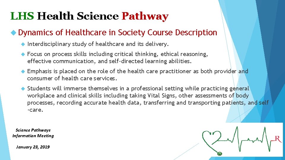 LHS Health Science Pathway Dynamics of Healthcare in Society Course Description Interdisciplinary study of