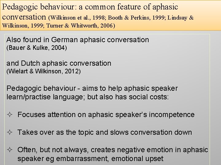 Pedagogic behaviour: a common feature of aphasic conversation (Wilkinson et al. , 1998; Booth