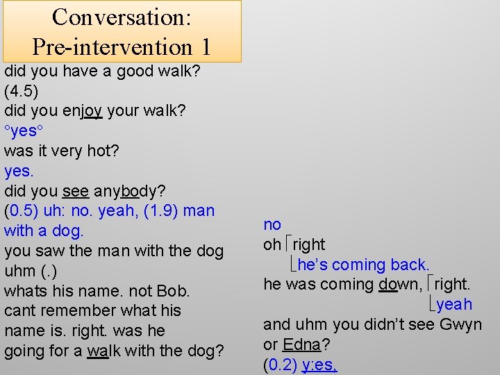 Conversation: Pre-intervention 1 did you have a good walk? (4. 5) did you enjoy