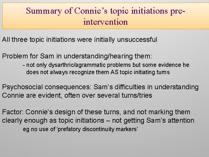 Summary of Connie’s topic initiations preintervention All three topic initiations were initially unsuccessful Problem