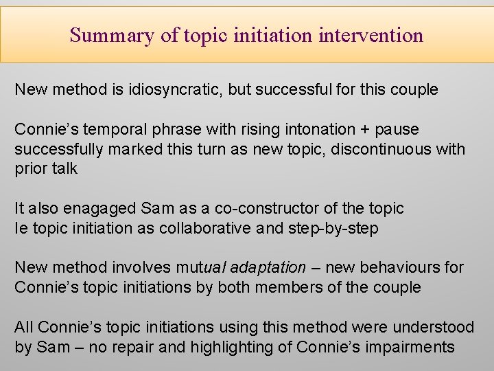 Summary of topic initiation intervention New method is idiosyncratic, but successful for this couple