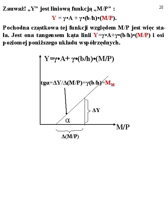 Zauważ! „Y” jest liniową funkcją „M/P” : Y = γ • A + γ