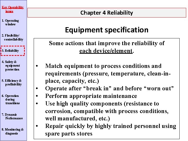 Key Operability issues Chapter 4 Reliability 1. Operating window Equipment specification 2. Flexibility/ controllability