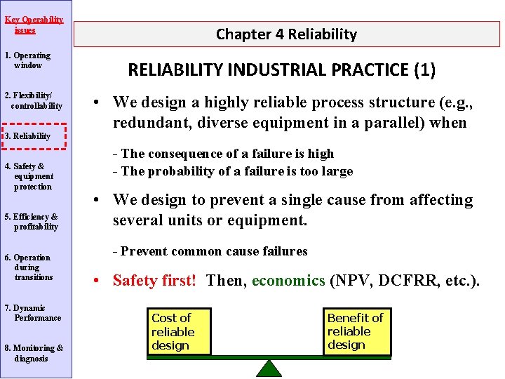 Key Operability issues 1. Operating window 2. Flexibility/ controllability Chapter 4 Reliability RELIABILITY INDUSTRIAL