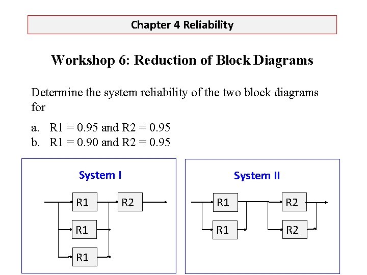 Chapter 4 Reliability Workshop 6: Reduction of Block Diagrams Determine the system reliability of