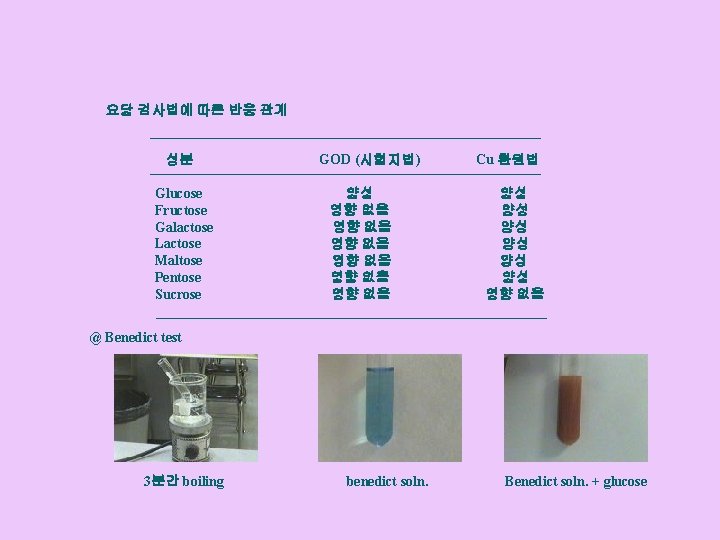 요당 검사법에 따른 반응 관계 성분 Glucose Fructose Galactose Lactose Maltose Pentose Sucrose GOD