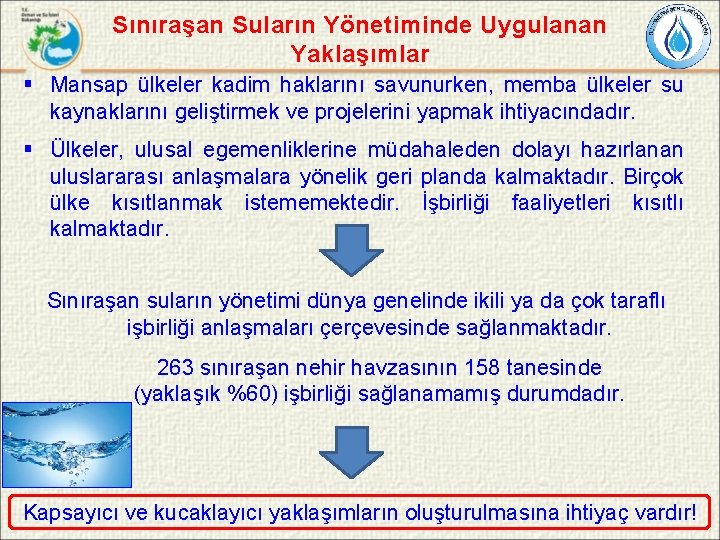 Sınıraşan Suların Yönetiminde Uygulanan Yaklaşımlar § Mansap ülkeler kadim haklarını savunurken, memba ülkeler su