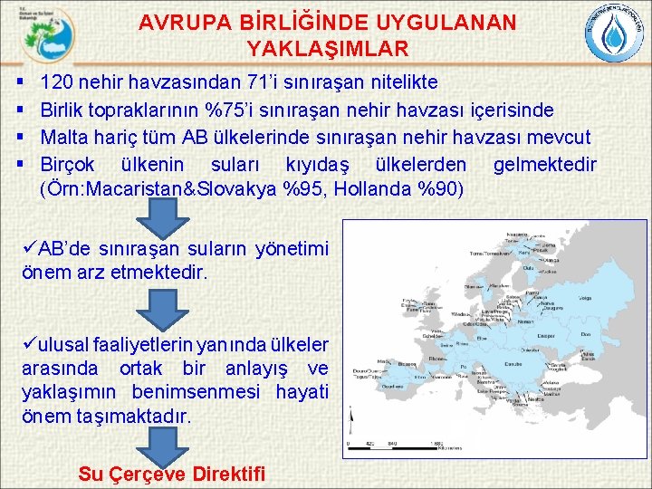 AVRUPA BİRLİĞİNDE UYGULANAN YAKLAŞIMLAR § § 120 nehir havzasından 71’i sınıraşan nitelikte Birlik topraklarının