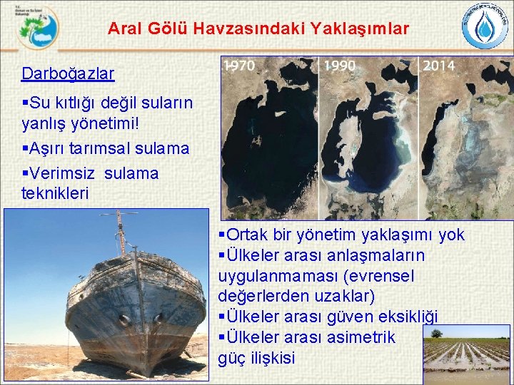 Aral Gölü Havzasındaki Yaklaşımlar Darboğazlar §Su kıtlığı değil suların yanlış yönetimi! §Aşırı tarımsal sulama