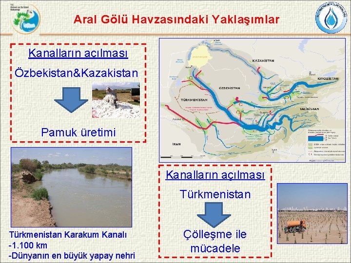 Aral Gölü Havzasındaki Yaklaşımlar Kanalların açılması Özbekistan&Kazakistan Pamuk üretimi Kanalların açılması Türkmenistan Karakum Kanalı