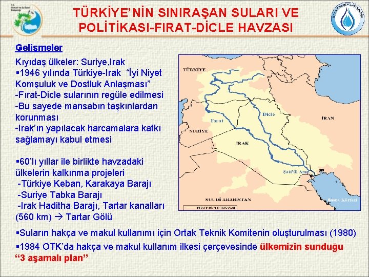 TÜRKİYE’NİN SINIRAŞAN SULARI VE POLİTİKASI-FIRAT-DİCLE HAVZASI Gelişmeler Kıyıdaş ülkeler: Suriye, Irak § 1946 yılında