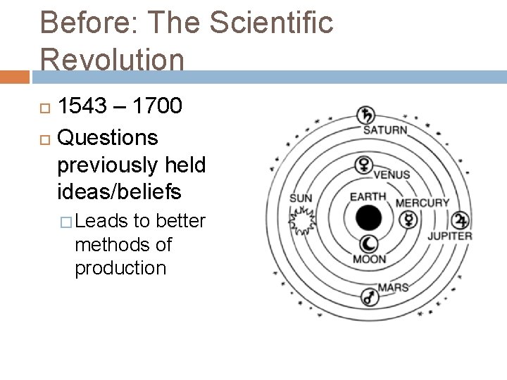 Before: The Scientific Revolution 1543 – 1700 Questions previously held ideas/beliefs � Leads to