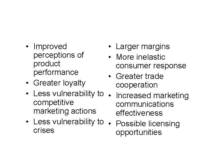 Advantages of Strong Brands • Improved perceptions of product performance • Greater loyalty •