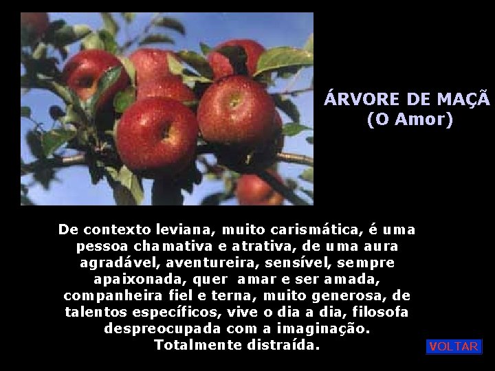 ÁRVORE DE MAÇÃ (O Amor) De contexto leviana, muito carismática, é uma pessoa chamativa