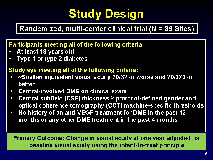 Study Design Randomized, multi-center clinical trial (N = 89 Sites) Participants meeting all of