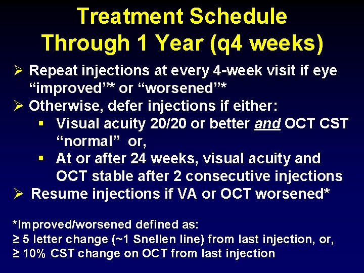Treatment Schedule Through 1 Year (q 4 weeks) Ø Repeat injections at every 4