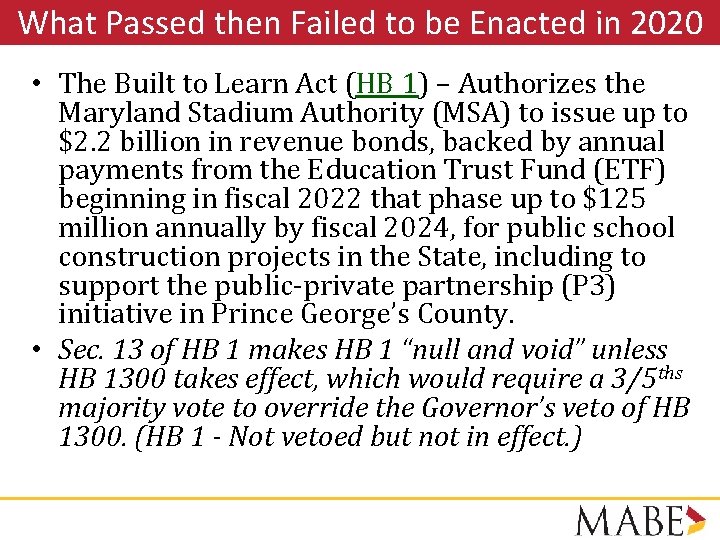 What Passed then Failed to be Enacted in 2020 • The Built to Learn