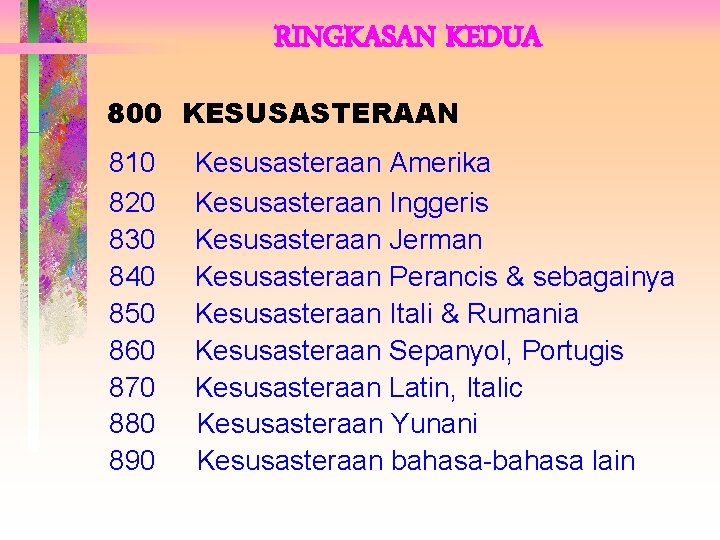 RINGKASAN KEDUA 800 KESUSASTERAAN 810 820 830 840 850 860 870 880 890 Kesusasteraan