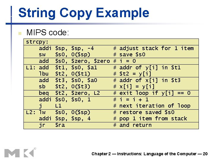 String Copy Example n MIPS code: strcpy: addi sw add L 1: add lbu