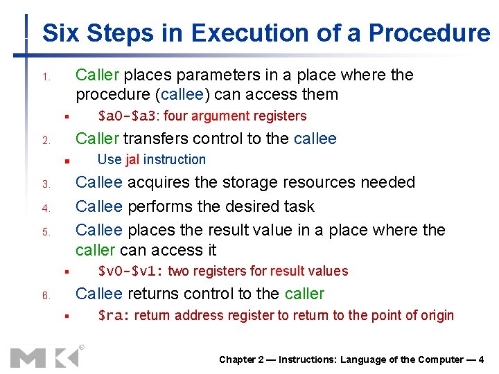 Six Steps in Execution of a Procedure Caller places parameters in a place where
