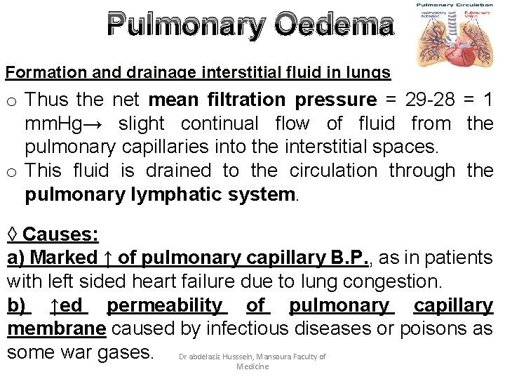 Pulmonary Oedema Formation and drainage interstitial fluid in lungs o Thus the net mean