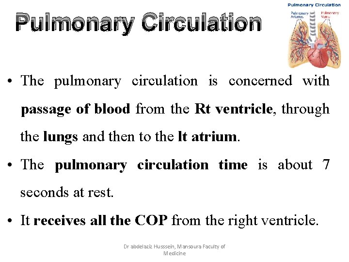 Pulmonary Circulation • The pulmonary circulation is concerned with passage of blood from the