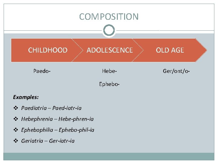 COMPOSITION CHILDHOOD ADOLESCENCE Paedo- Hebe. Ephebo- Examples: v Paediatria – Paed-iatr-ia v Hebephrenia –