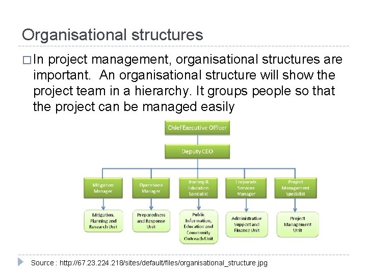 Organisational structures � In project management, organisational structures are important. An organisational structure will