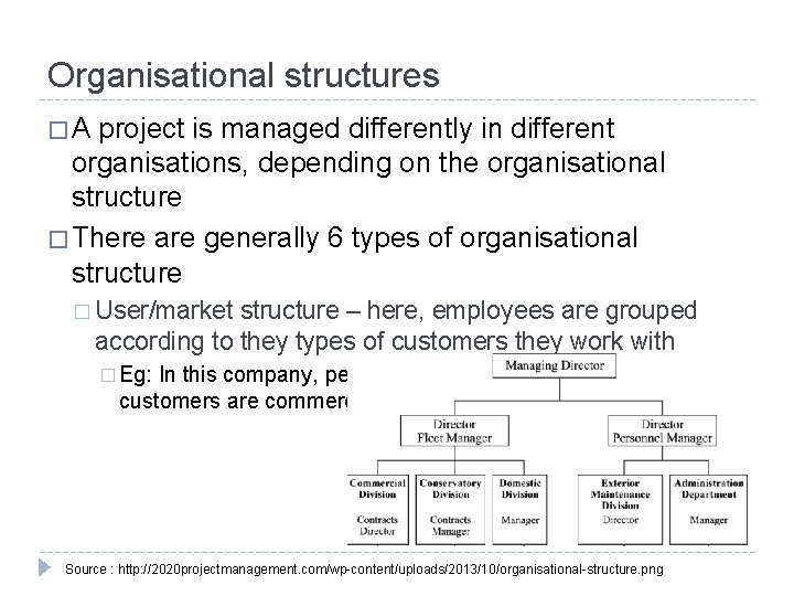 Organisational structures �A project is managed differently in different organisations, depending on the organisational