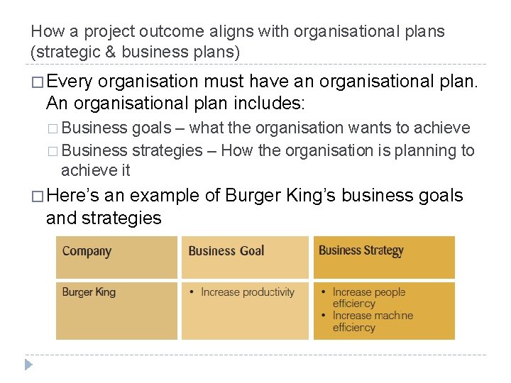 How a project outcome aligns with organisational plans (strategic & business plans) � Every