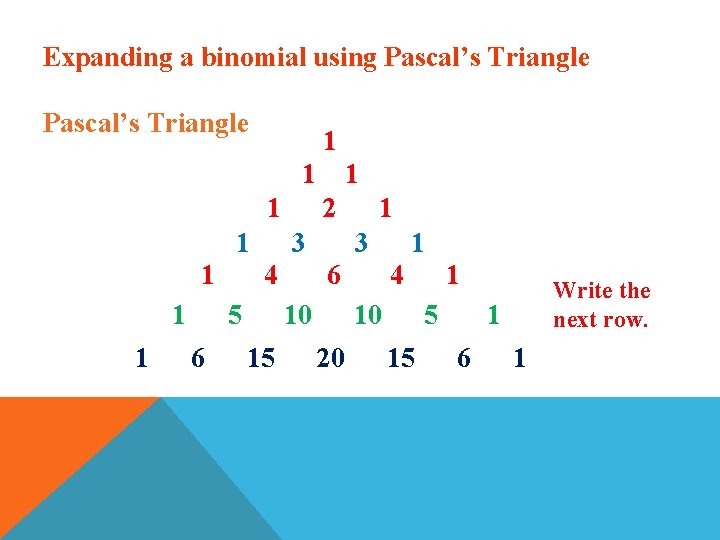 Expanding a binomial using Pascal’s Triangle 1 1 2 1 1 3 3 1
