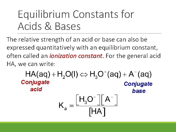 Equilibrium Constants for Acids & Bases The relative strength of an acid or base